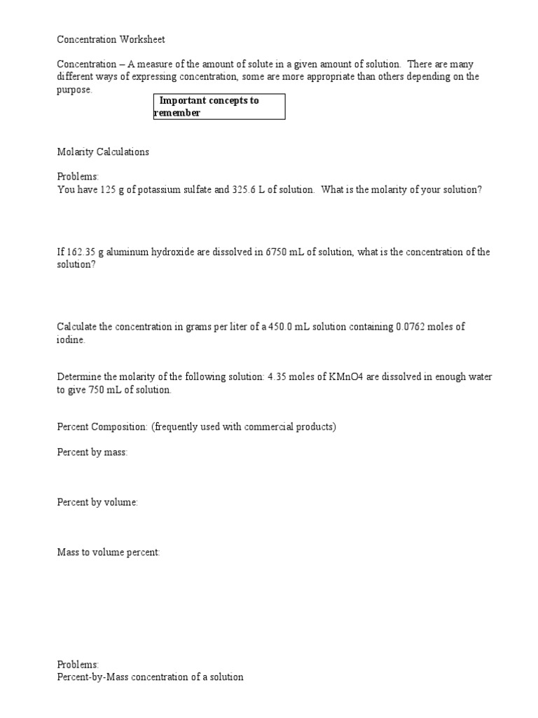 Concentration Calculations Molarity, Percent Composition, and Dilution