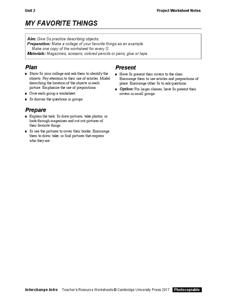 My Favorite Things Project Worksheet | PDF