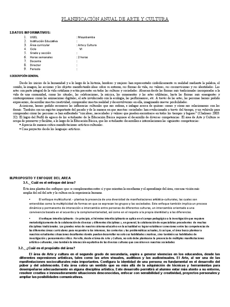 Planificación Anual de Arte y Cultura | PDF | Aprendizaje | Evaluación