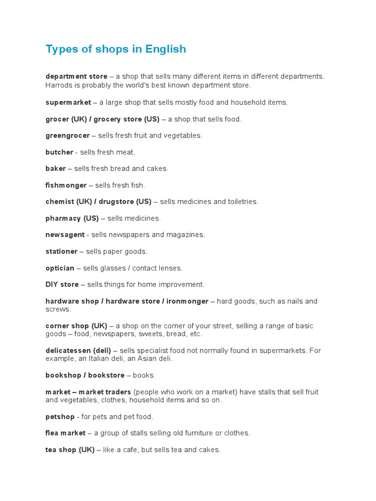 Types of Shops and Shopping Vocabulary | PDF | Grocery Store | Delicatessen