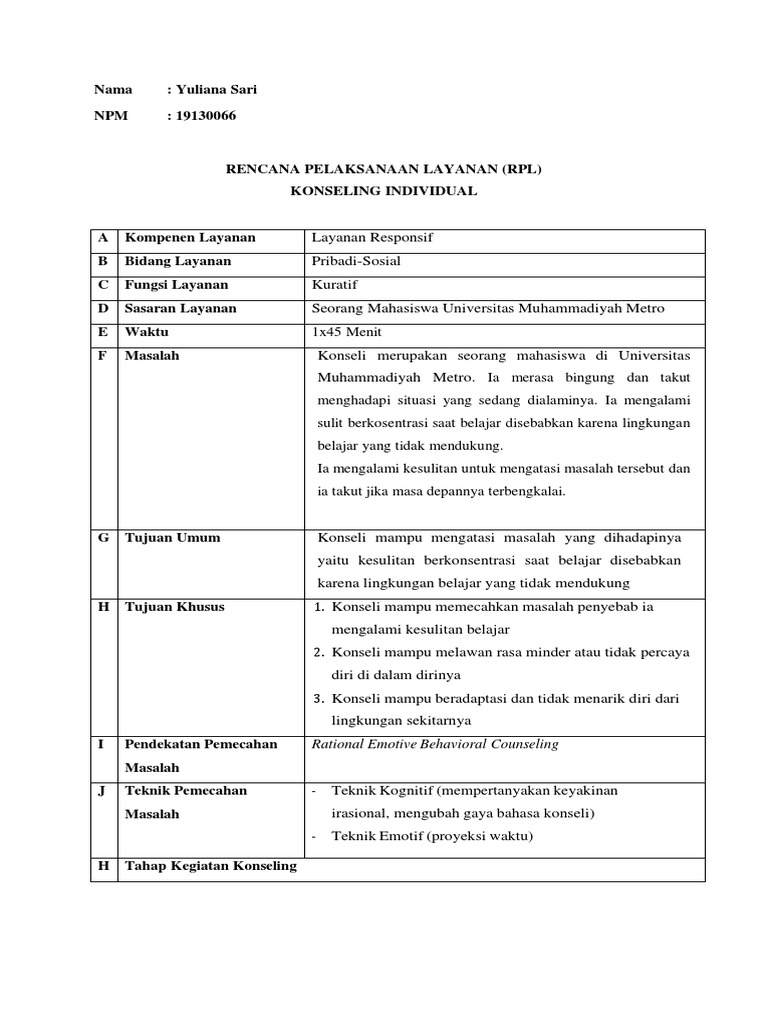 RPL Konseling Individu untuk Mahasiswa | PDF