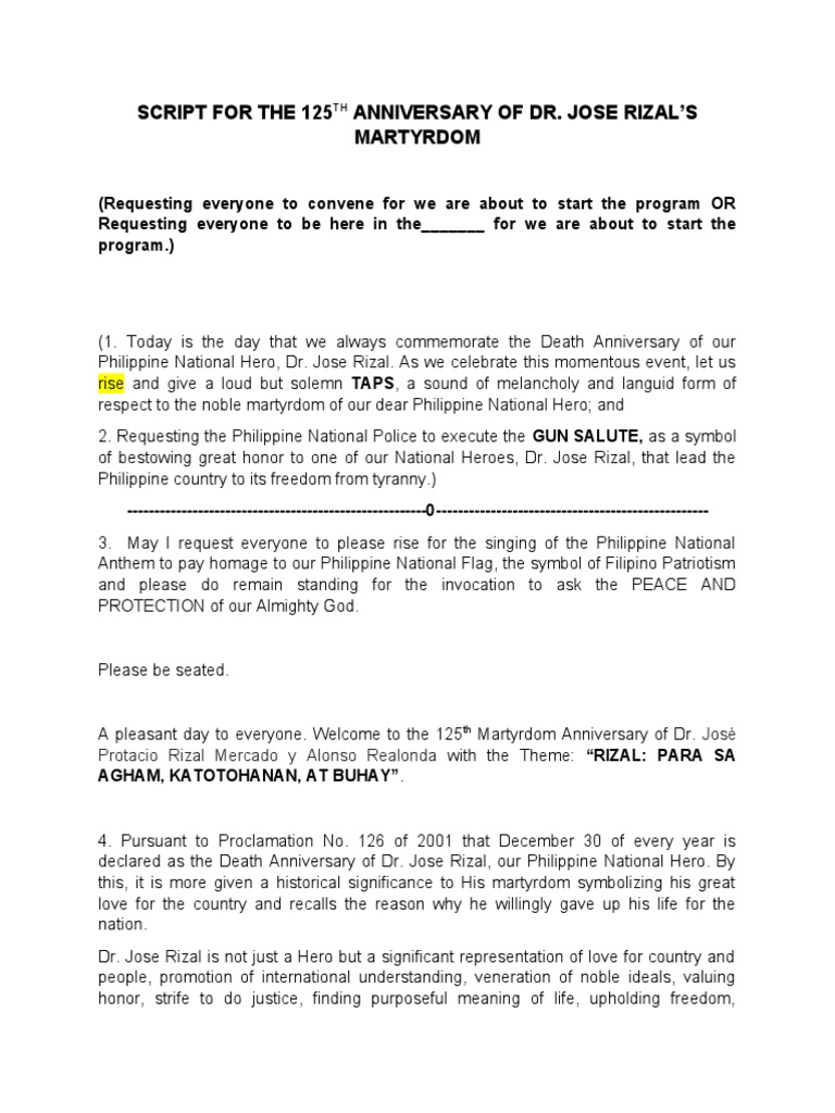 125th Jose Rizal Martyrdom Ceremony Script | PDF