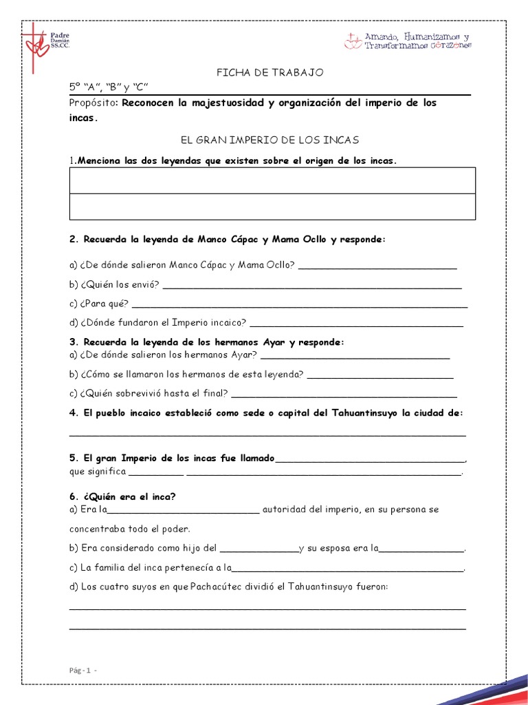 Ficha de Trabajo: Imperio Incaico para Niños | PDF | Imperio Inca | Perú