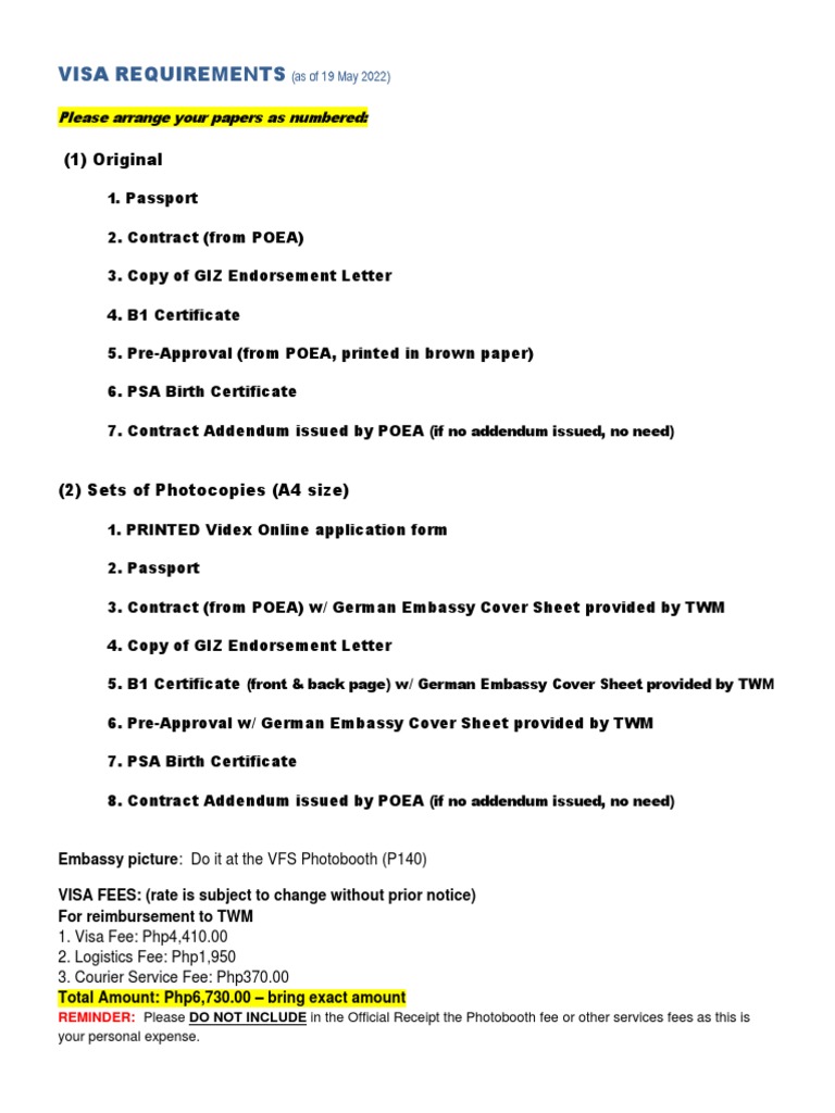 Visa Requirements - Updated | PDF