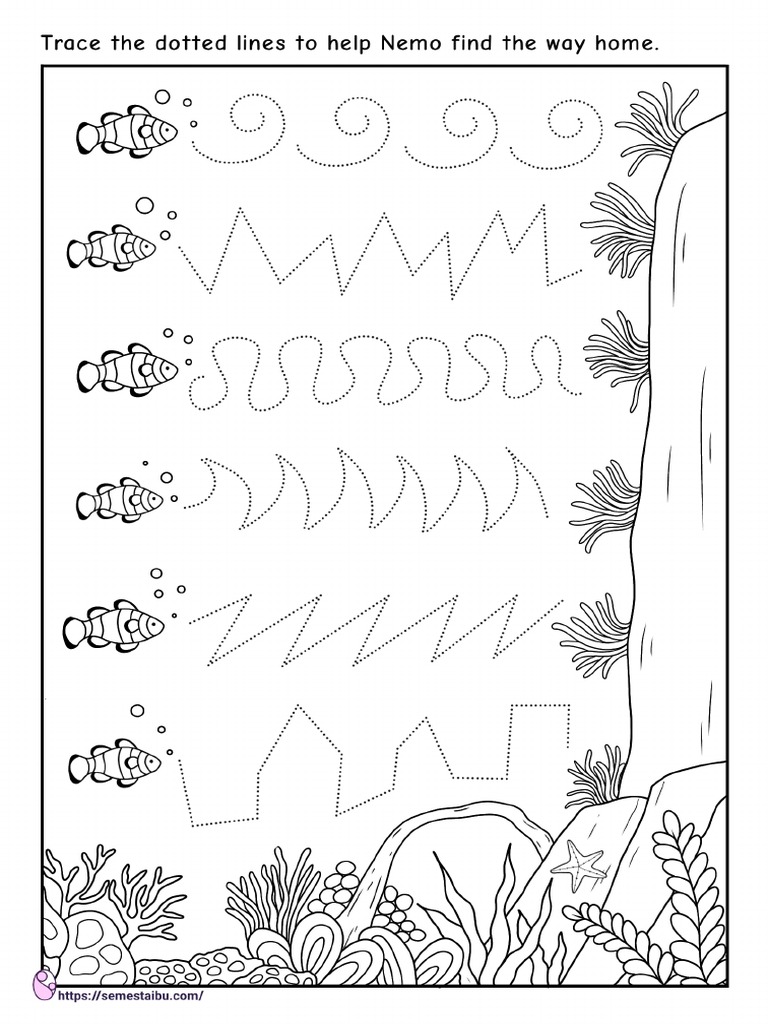 Line Tracing Kindergarten Worksheets Clown Fish PDF