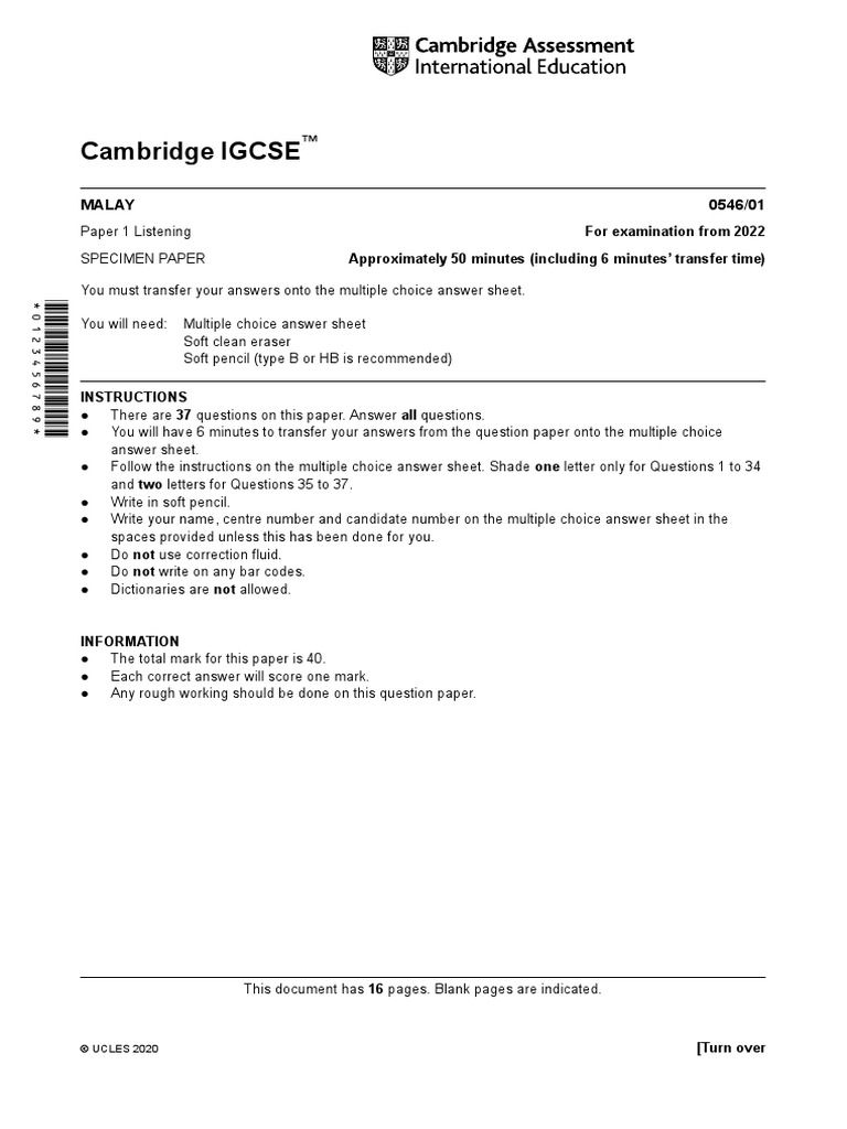 Cambridge IGCSE: MALAY 0546/01 | PDF