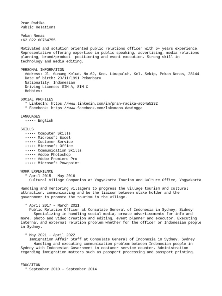 Public Relations Officer CV Example | PDF | Career & Growth | Social ...