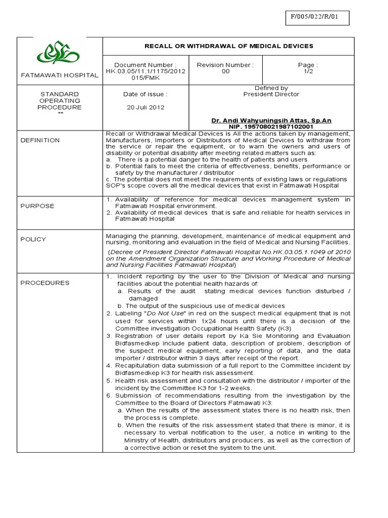 Medical Device Recall SOP at Fatmawati | PDF | Medical Device | Hospital