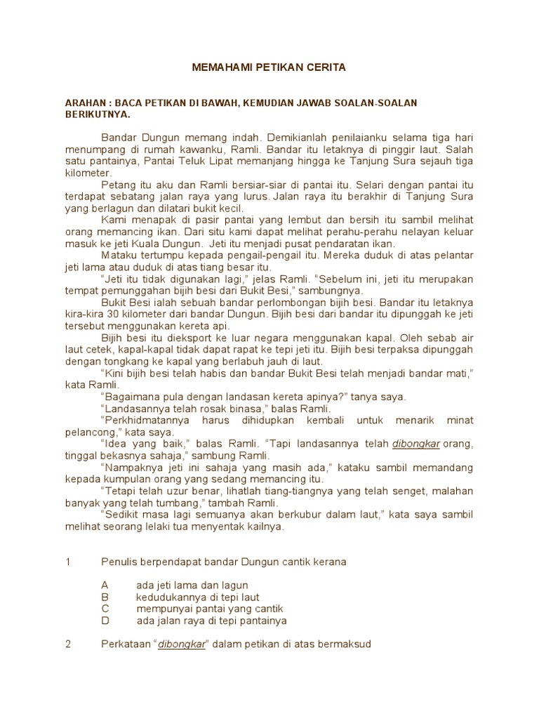 Memahami Petikan Cerita: Arahan: Baca Petikan Di Bawah, Kemudian Jawab ...