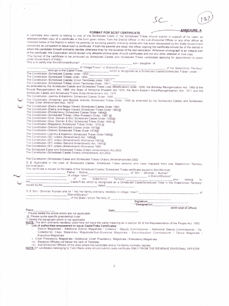 Format For SC-ST Certificated | PDF
