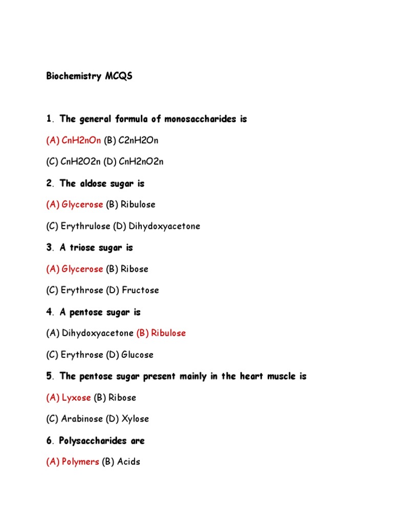 Biochemistry Mcqs PDF Carbohydrates Amino Acid