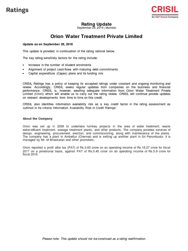 Orion Water Treatment Private Limited Rating Update PDF Banks Damages