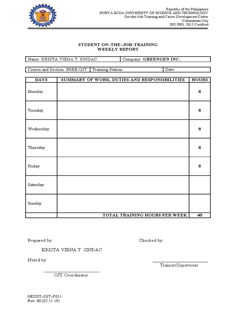 OJT Weekly Report Template | PDF