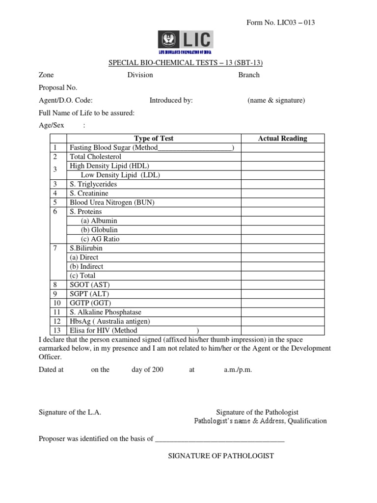 Special Bio-Chemical Tests Form SBT-13 | PDF | Wellness