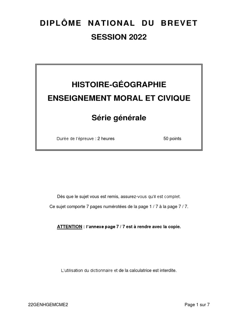 Correction Brevet Histoire Geo 2022 Brevet 2022 Série Générale Histoire-Géo EMC | PDF | Union européenne |  Droits de l'homme