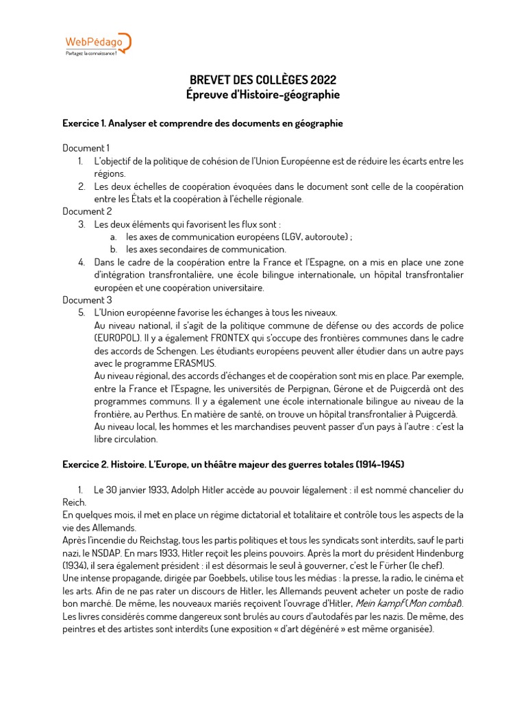 Correction Brevet Histoire Geo 2022 Brevet 2022 Corrigé Histoire Geo EMC | PDF | Allemagne nazie | Adolf Hitler