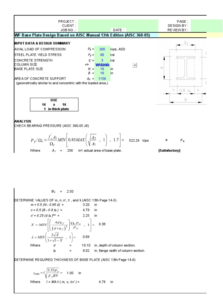 WF Base Plate Design Based On AISC Manual 13th Edition (AISC 36005