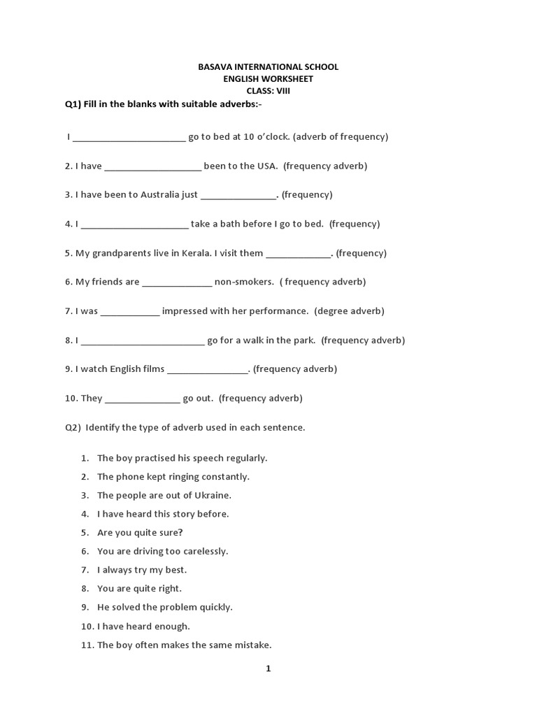 Class 8 Adverbs Revision Worksheet Pdf