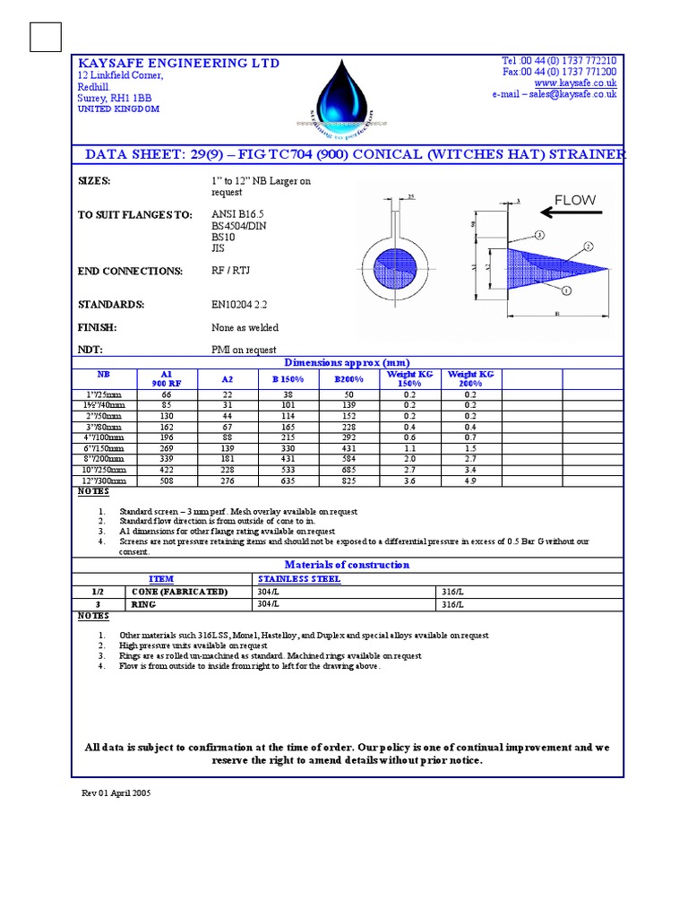 Data Sheet 299 Fig TC704 (900) Conical (Witches Hat) Strainer PDF Building Engineering