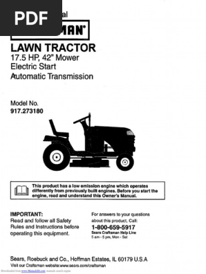 CRAFTSMAN 917273180 Owners Manual LT 2000 42 in DECK 17.5 HP PDF Tractor Lawn Mower