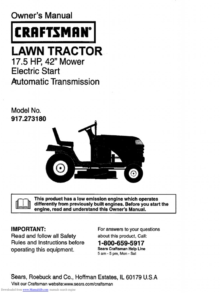 CRAFTSMAN 917273180 - Owners - Manual LT-2000 42 in DECK 17.5 HP | PDF ...