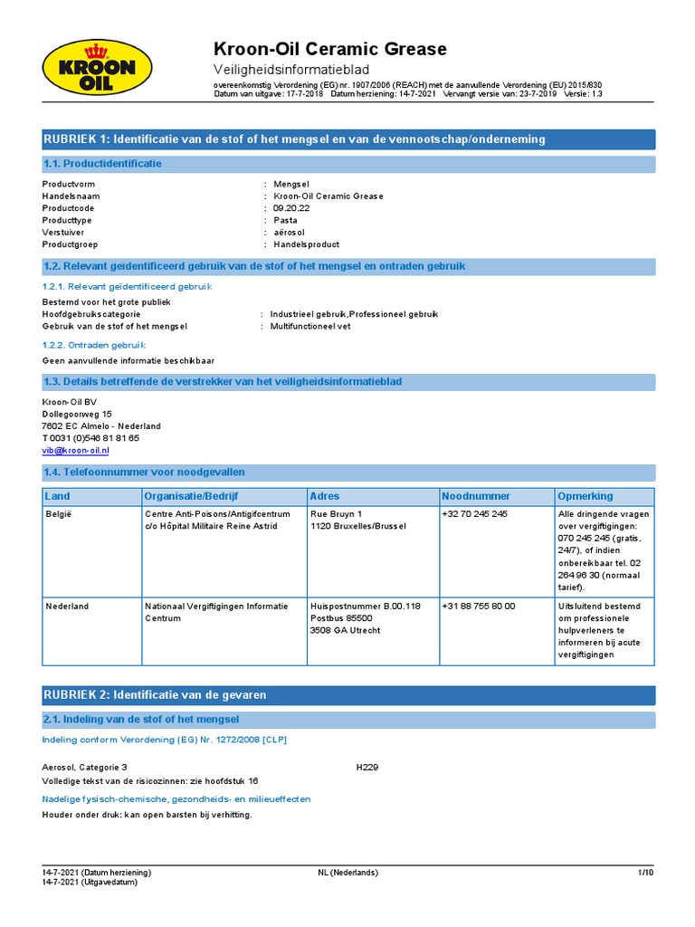 KroonOil Ceramic Grease Veiligheidsinformatieblad PDF