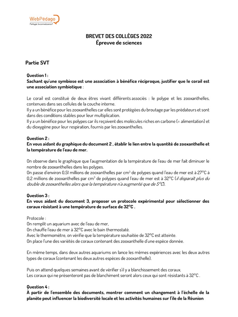 Sujet Brevet Histoire Avec Corrigé Pdf 2022 Correction Brevet 2022 Sciences Complet | PDF | Corail | Récif corallien