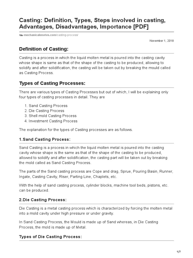 Casting Definition Types Steps Involved in Casting Advantages