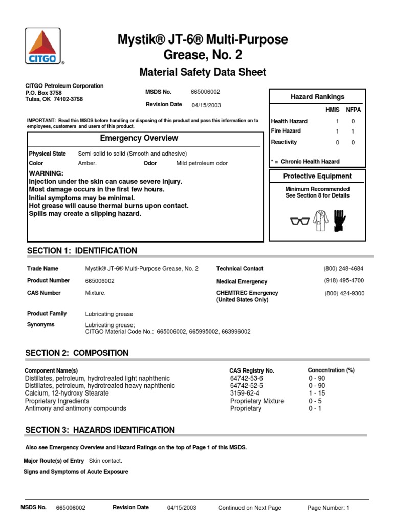 Mystik® JT6® MultiPurpose Grease, No. 2 Material Safety Data Sheet