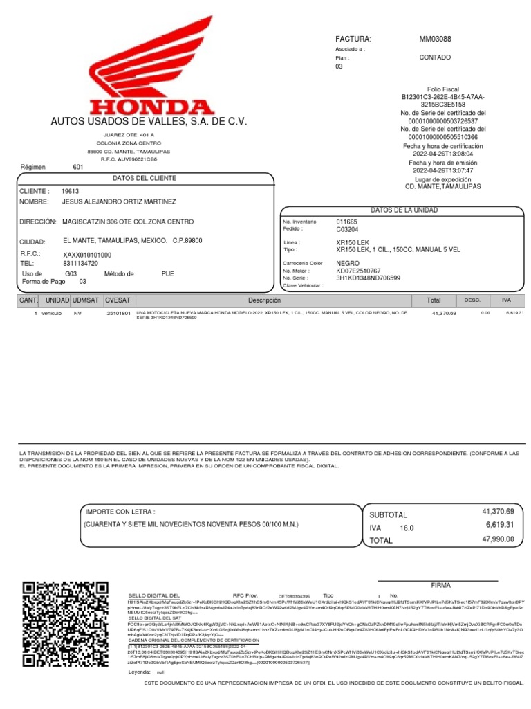 Factura PDF Coche Vehículo de motor