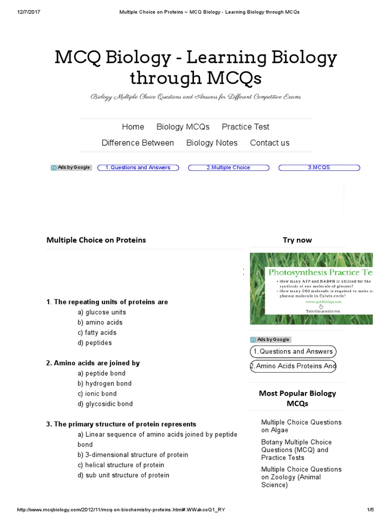 Multiple Choice On Proteins MCQ Biology Learning Biology Through