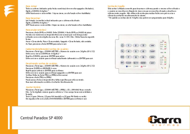 Manual de instruções para operação de sistema de alarme Paradox SP 4000 ...