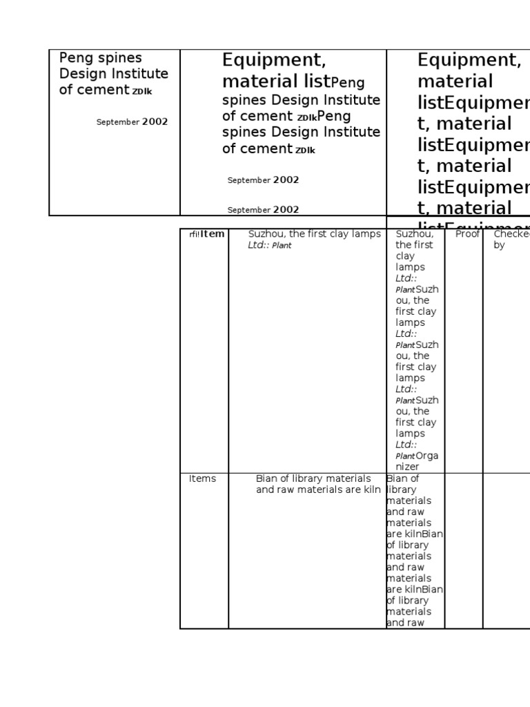Equipment, Material List Equipment, Material Listequipmen T, Material