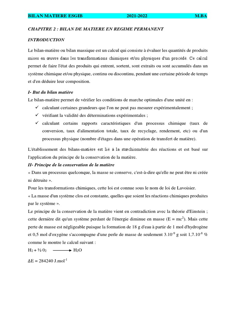 Bilan de matière en génie des procédés | PDF | Réacteur (chimie ...