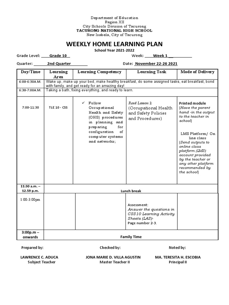 Weekly-Home-Plan-GRADE 10 CSS 2nd Quarter | PDF | Teachers | Printer ...
