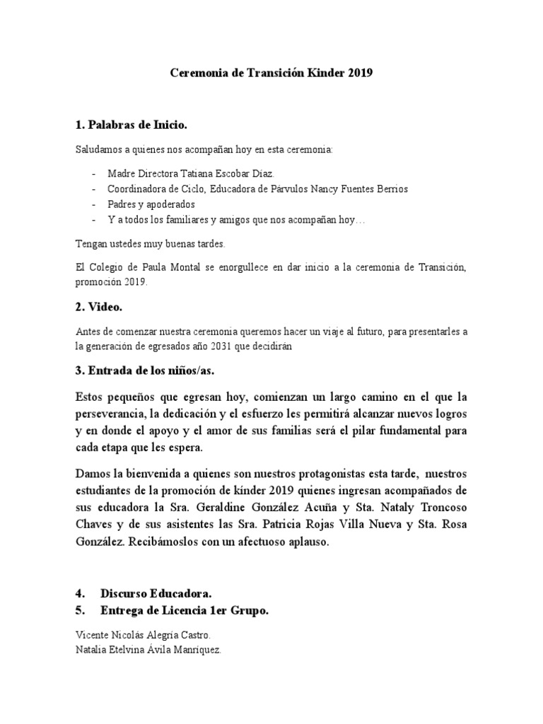 Ceremonia De Transición Kinder 2019 Buena Pdf