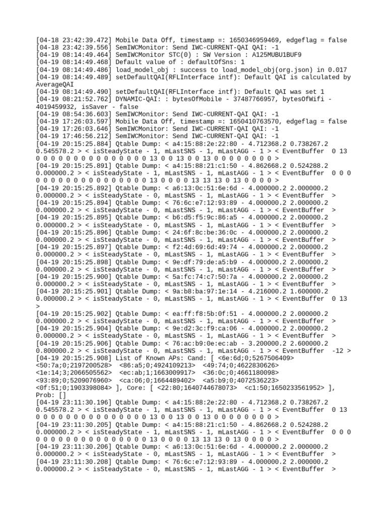 Log data from a mobile device showing quality and connectivity metrics ...