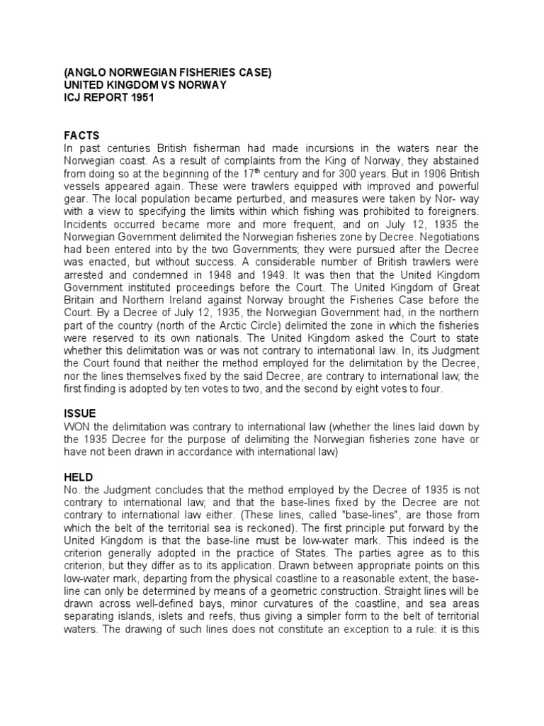 Anglo Norwegian Fisheries Case United Kingdom Vs Norway Icj Report
