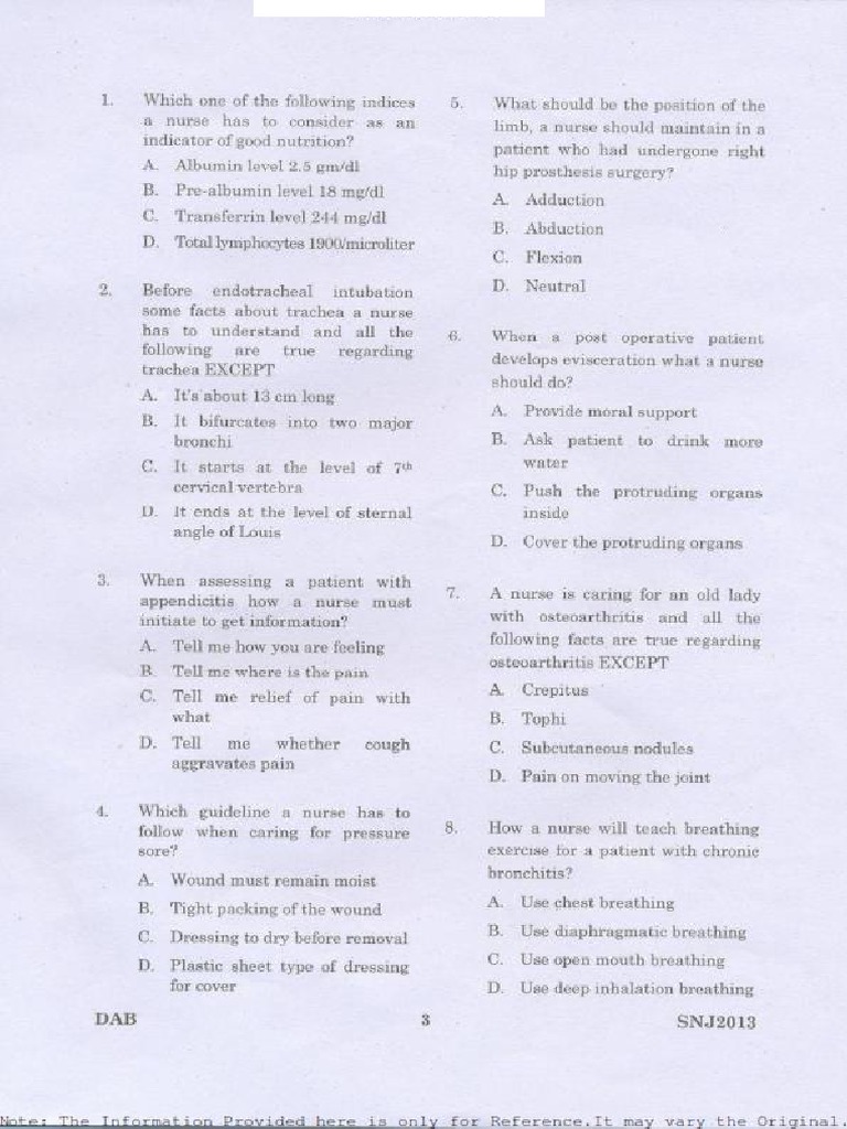 Staff Nurse Previous Papers PDF