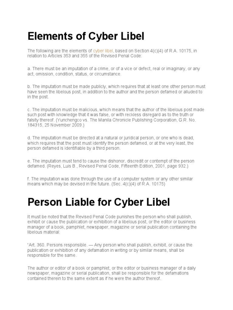 Elements of Cyber Libel PDF Defamation Criminology