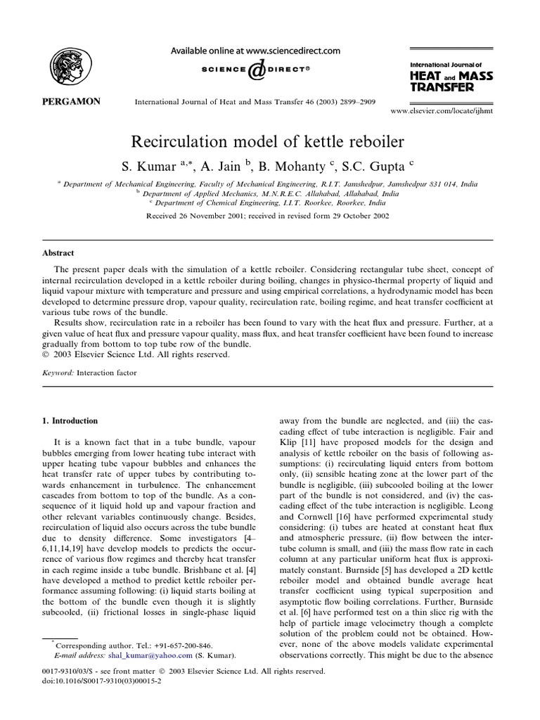 Recirculation Model of Kettle Reboiler Download Free PDF Heat