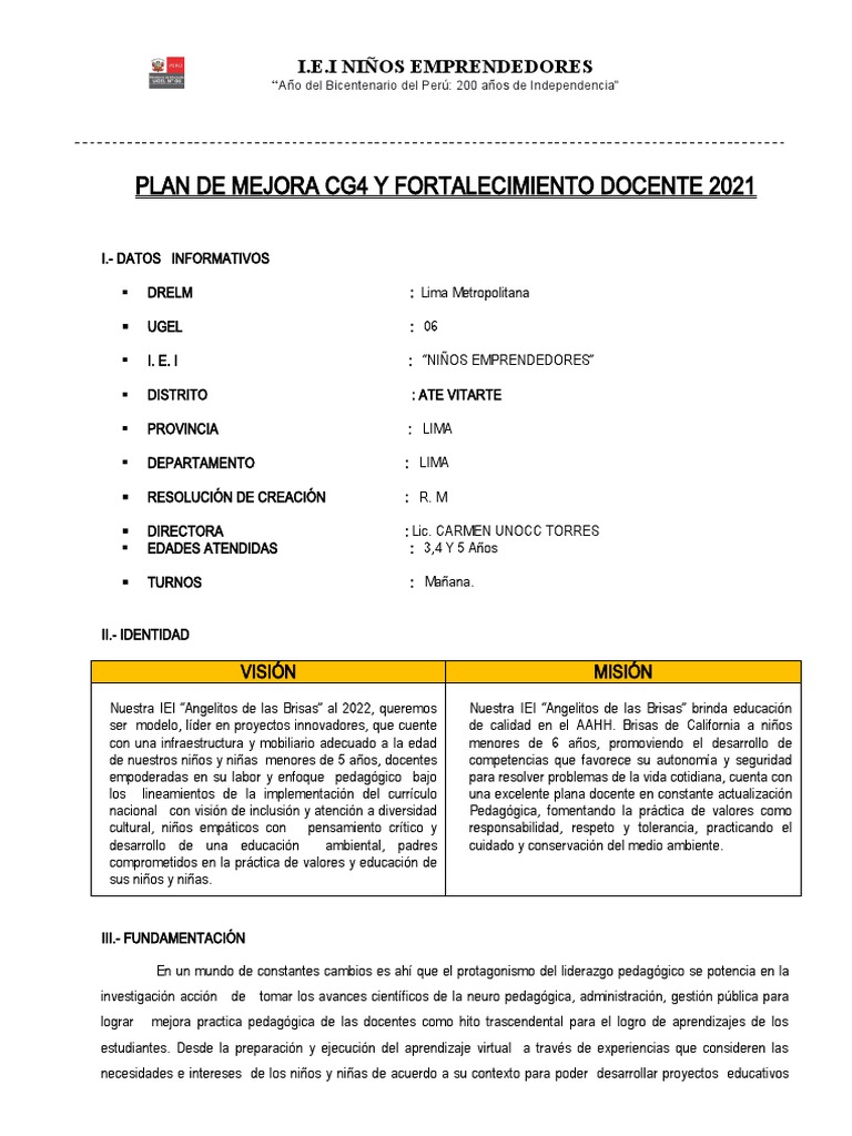 Plan de Mejora Educativa 2021 IEI Niños Emprendedores | PDF ...