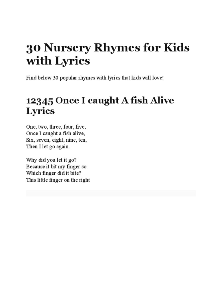 30 Nursery Rhymes For Kids With Lyrics 12345 Once I Caught A Fish