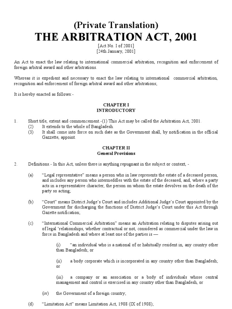 Bangladesh Arbitration Act 2001 Overview | PDF | Arbitral Tribunal ...