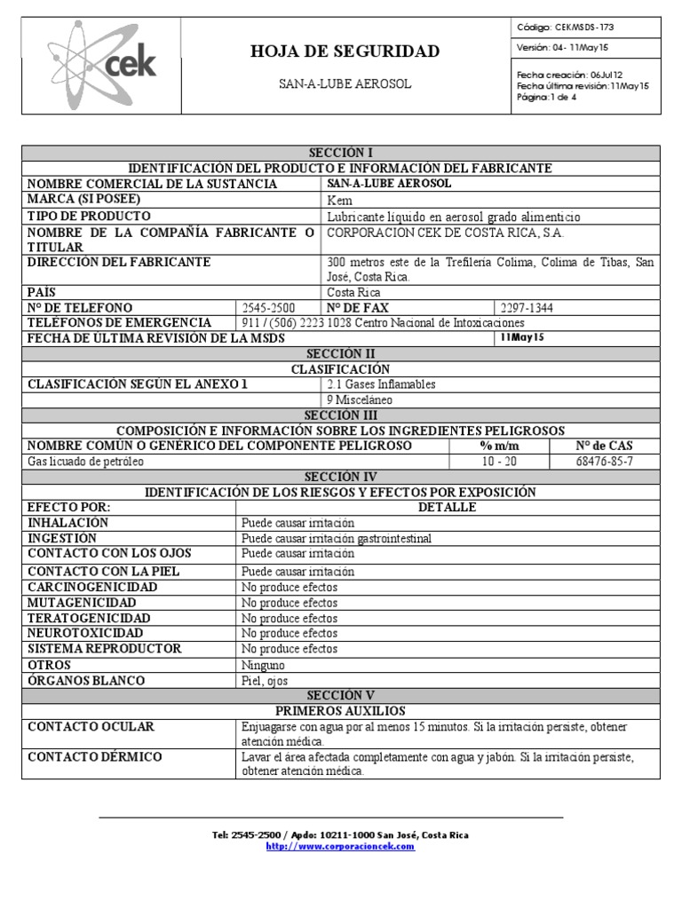 SDS San A Lube Aerosol PDF Agua Aerosol