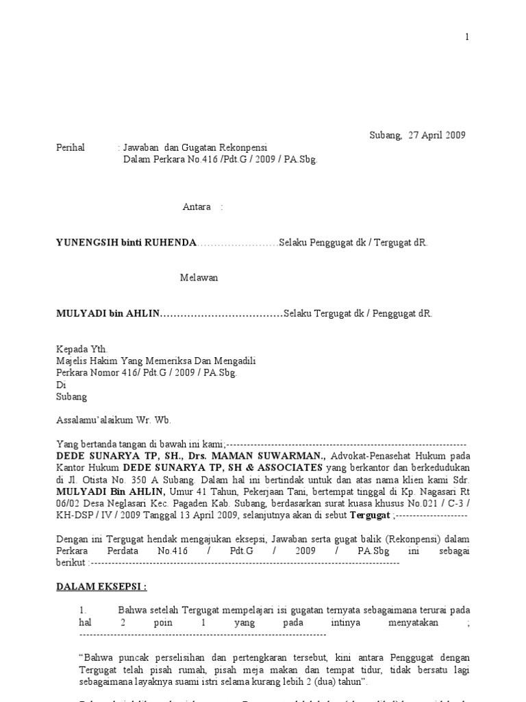 Contoh Surat Jawaban Gugatan Ptun