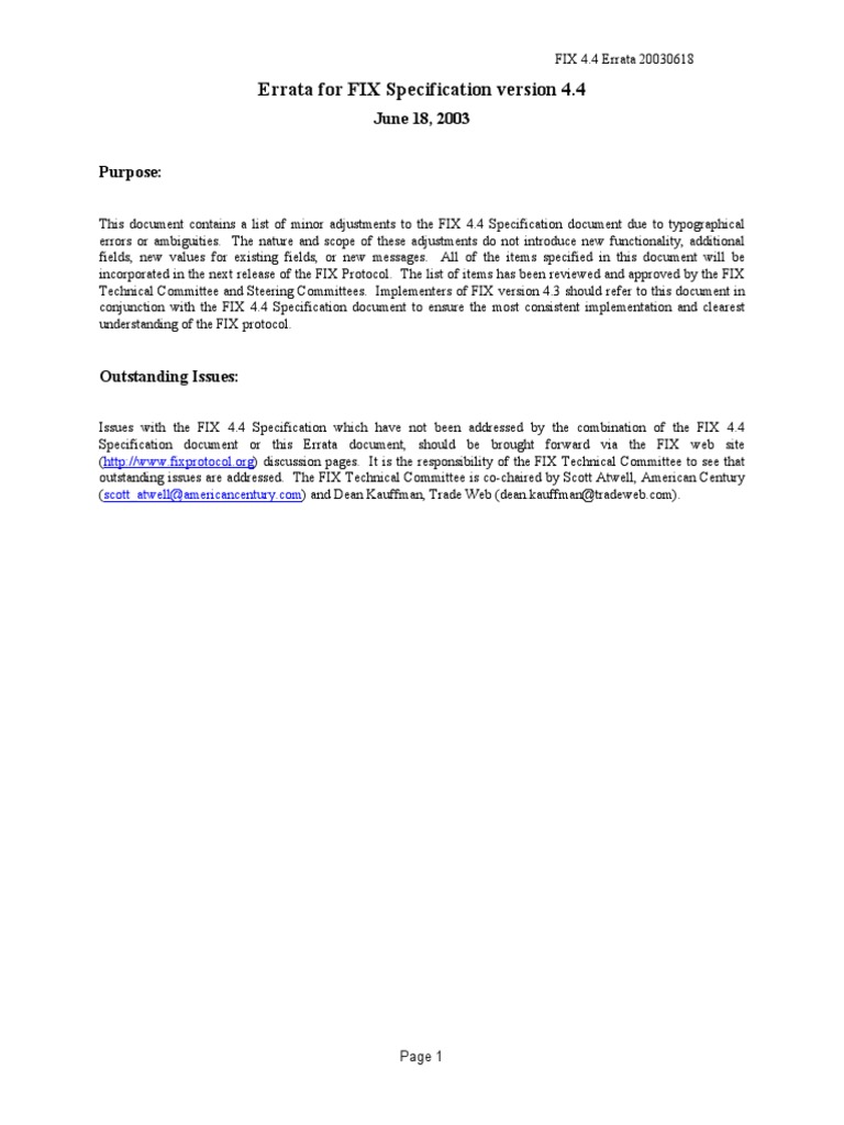 Errata For FIX Specification Version 4.4: June 18, 2003 Purpose | PDF ...