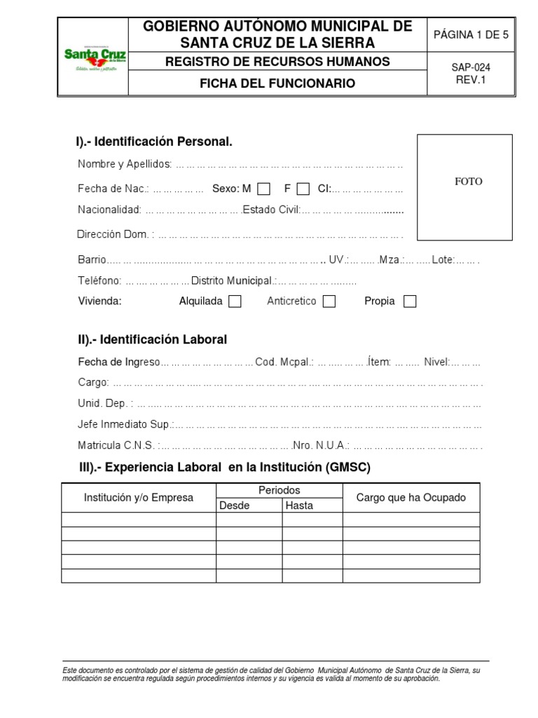 SAP-024 FICHA DE FUNCIONARIO Ingreso | PDF | Jubilación | Titulo academico 