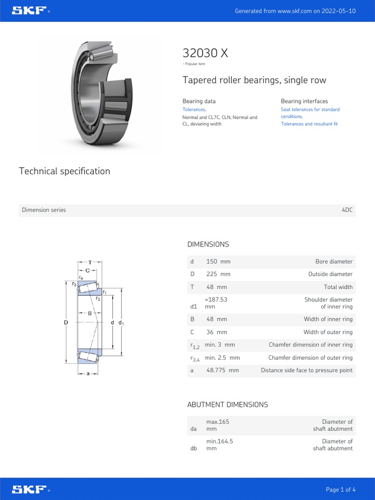 Tapered Roller Bearings, Single Row Bearing Data Bearing Interfaces