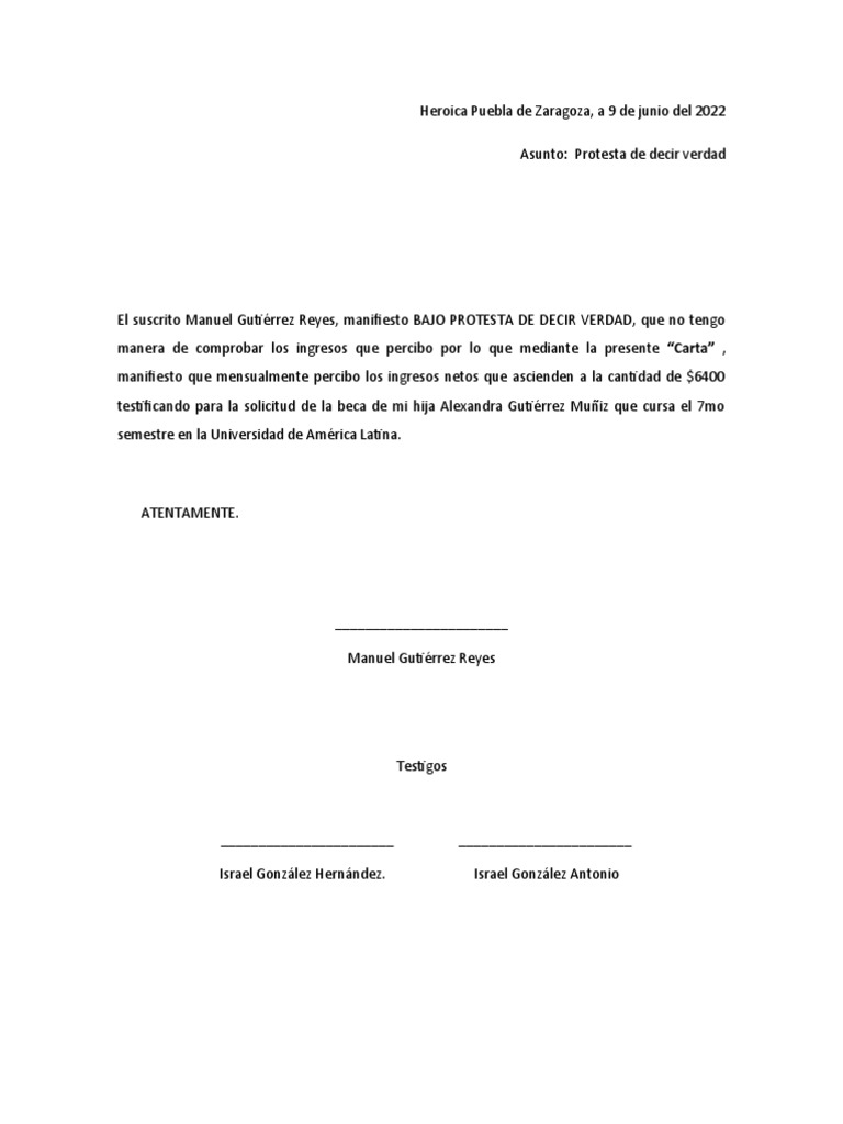 Carta bajo protesta de decir verdad | PDF